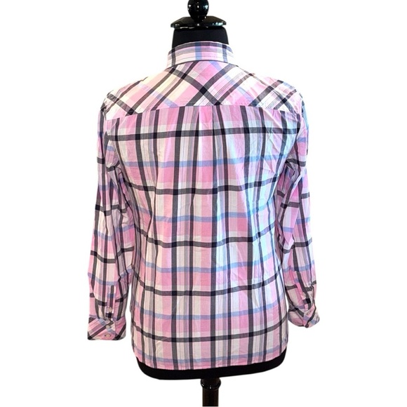 TALBOTS CLASSIC COTTON SHIRT - SERENITY GREY PLAID / PINK Women’s Large - Picture 4 of 13
